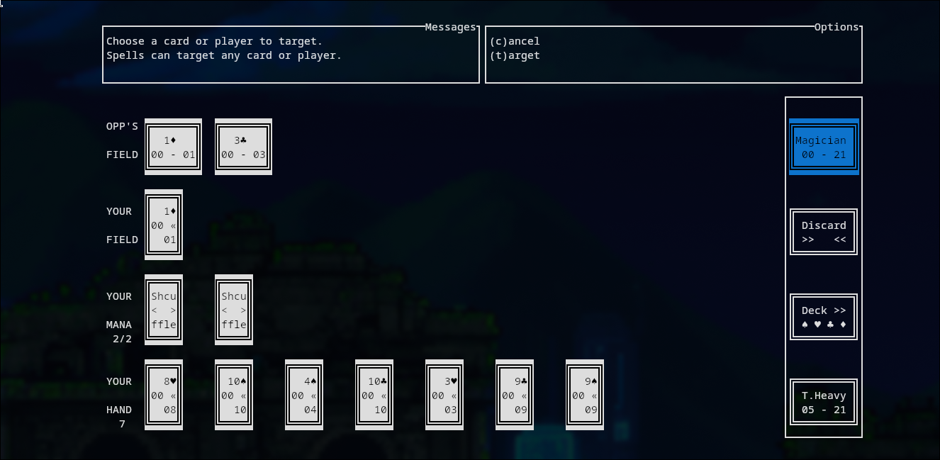 Playing cards drawn with unicode characters are highlighted. They have numerical stats. There are various zones laid out with cards in them. A menu gives the option to attack or cancel.